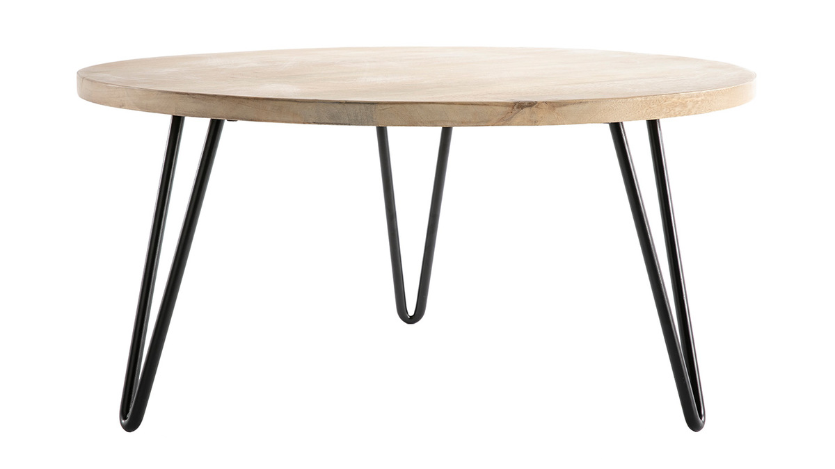 Table basse ronde bois clair manguier massif et métal noir D80 cm VIBES