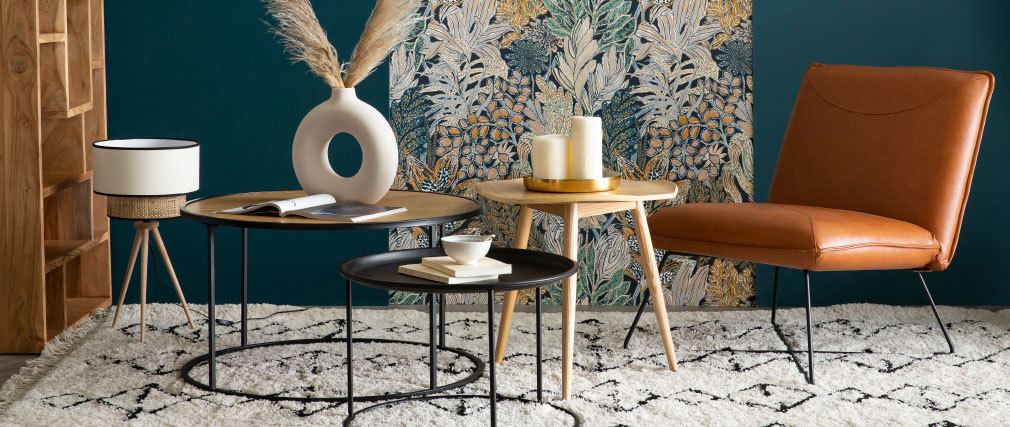 Table basse ronde bois et m�tal noir D80 cm TRESCA