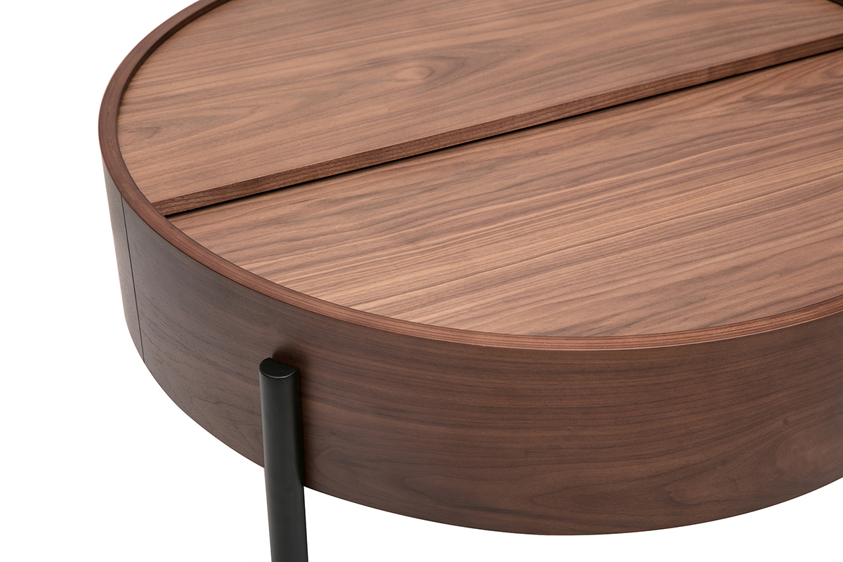 Table basse ronde bois fonc� noyer et m�tal noir avec plateau pivotant et rangement D80 cm YOLINE
