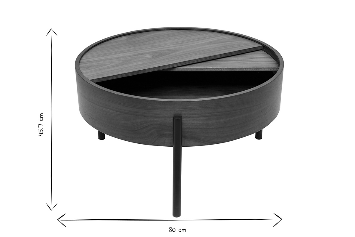 Table basse ronde bois fonc� noyer et m�tal noir avec plateau pivotant et rangement D80 cm YOLINE
