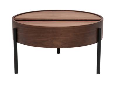 Table basse ronde bois fonc&eacute; noyer et m&eacute;tal noir avec plateau pivotant et rangement D80 cm YOLINE