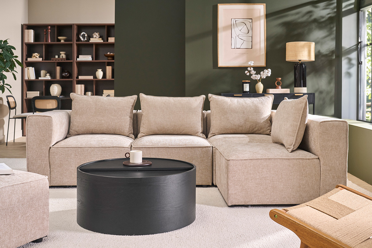 Table basse ronde bois noir avec plateau pivotant et rangement D80 cm DALI