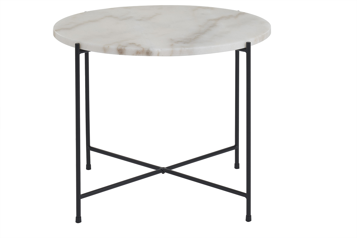 Table basse ronde design en marbre blanc et mtal noir D52 cm SARDA