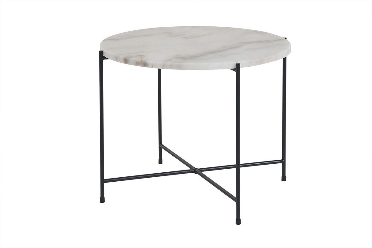 Table basse ronde design en marbre blanc et mtal noir D52 cm SARDA