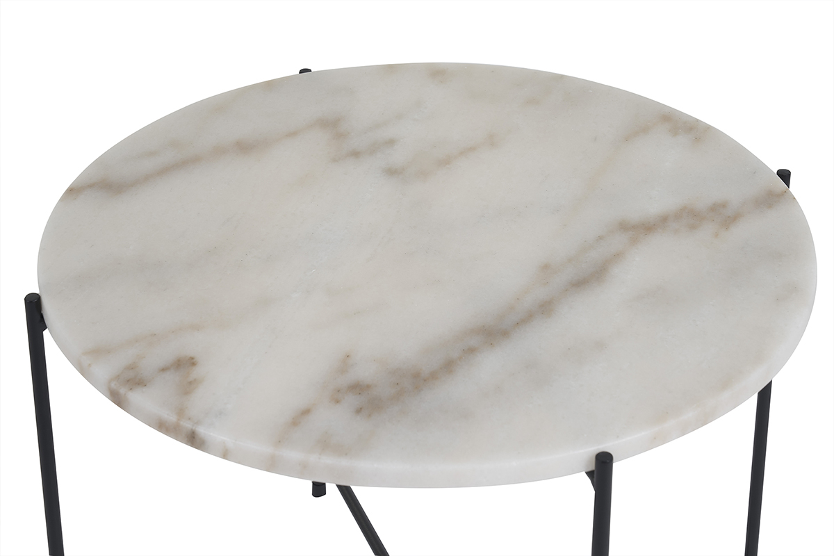 Table basse ronde design en marbre blanc et mtal noir D52 cm SARDA
