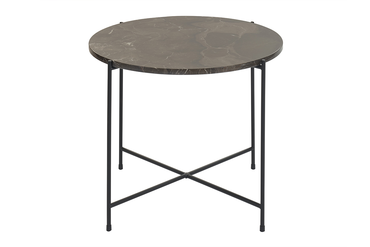 Table basse ronde design en marbre marron et mtal noir D52 cm SARDA