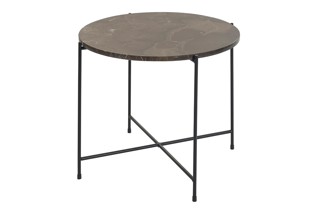 Table basse ronde design en marbre marron et mtal noir D52 cm SARDA