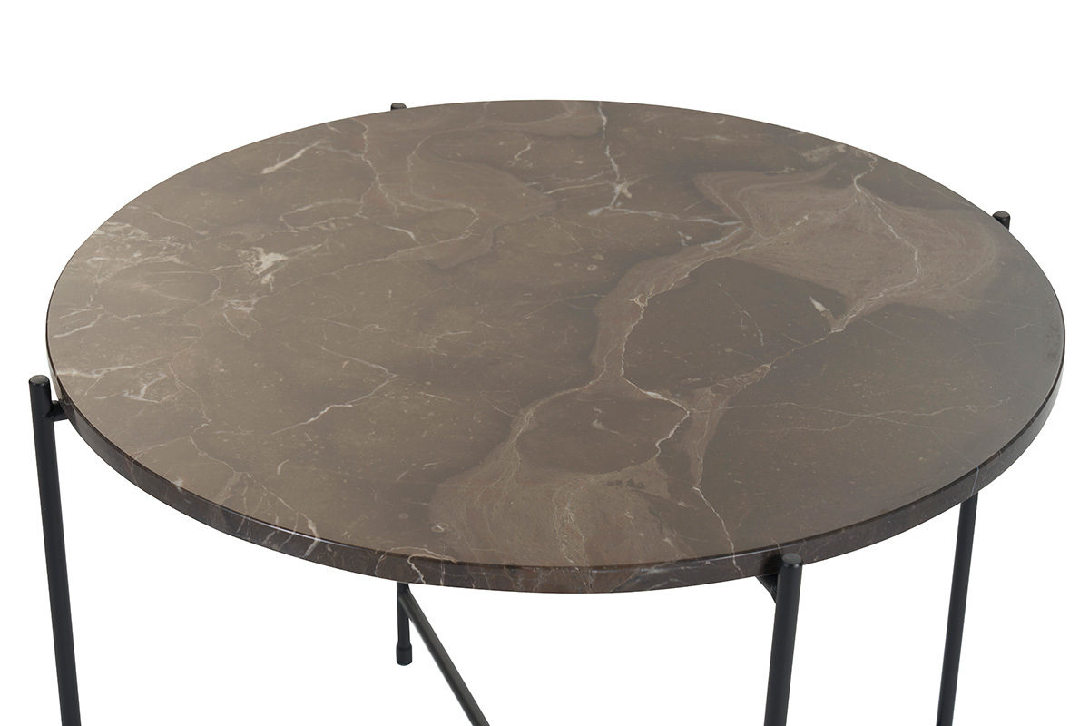 Table basse ronde design en marbre marron et mtal noir D52 cm SARDA