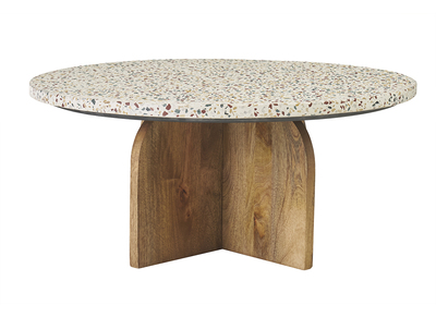 Table basse ronde en terrazzo et bois clair manguier massif D79.5 cm NESSA