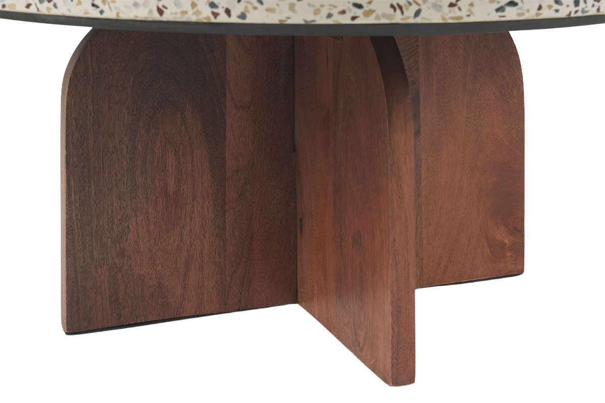 Table basse ronde en terrazzo et bois fonc� manguier massif D79.5 cm NESSA