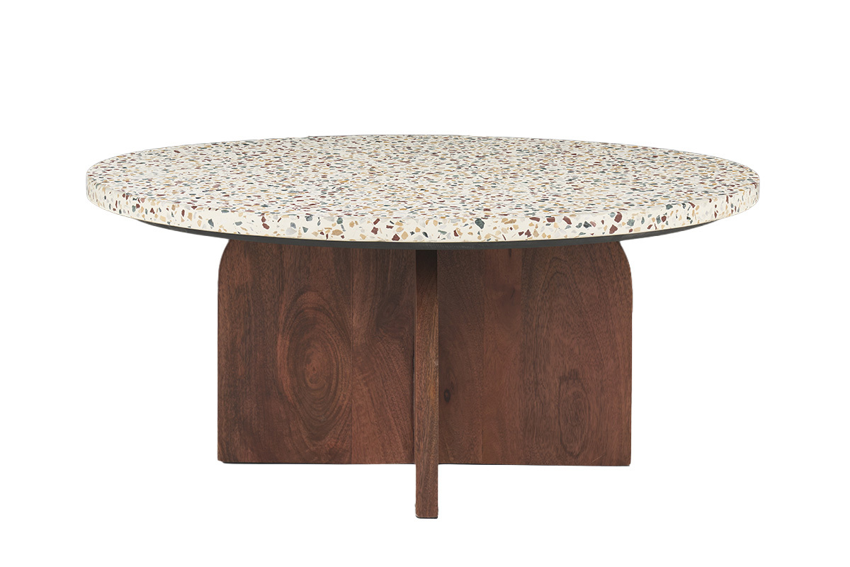 Table basse ronde en terrazzo et bois fonc� manguier massif D79.5 cm NESSA