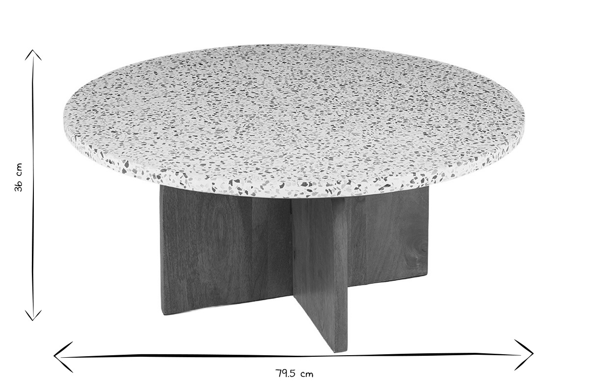 Table basse ronde en terrazzo et bois fonc� manguier massif D79.5 cm NESSA