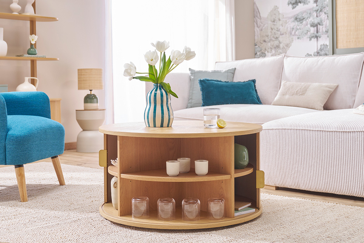 Table basse ronde finition bois clair chne 2 portes coulissantes D80 cm EPIC