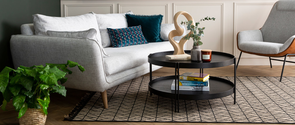 Table basse ronde finition ch�ne noir et m�tal D80 cm TWICE