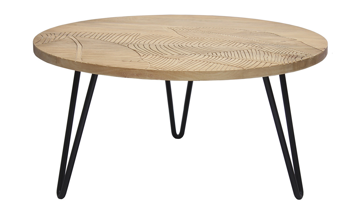 Table basse ronde grave bois clair manguier massif et mtal noir D80 cm VIBES