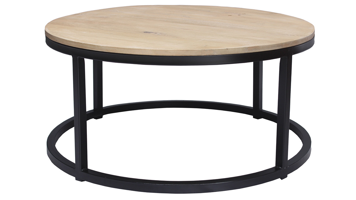 Table basse ronde industrielle  bois clair manguier massif et métal noir D80 cm FACTORY