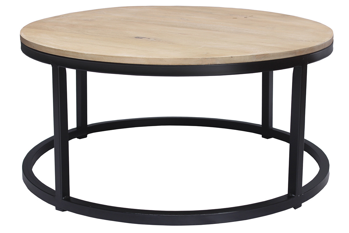 Table basse ronde industrielle  bois clair manguier massif et mtal noir D80 cm FACTORY