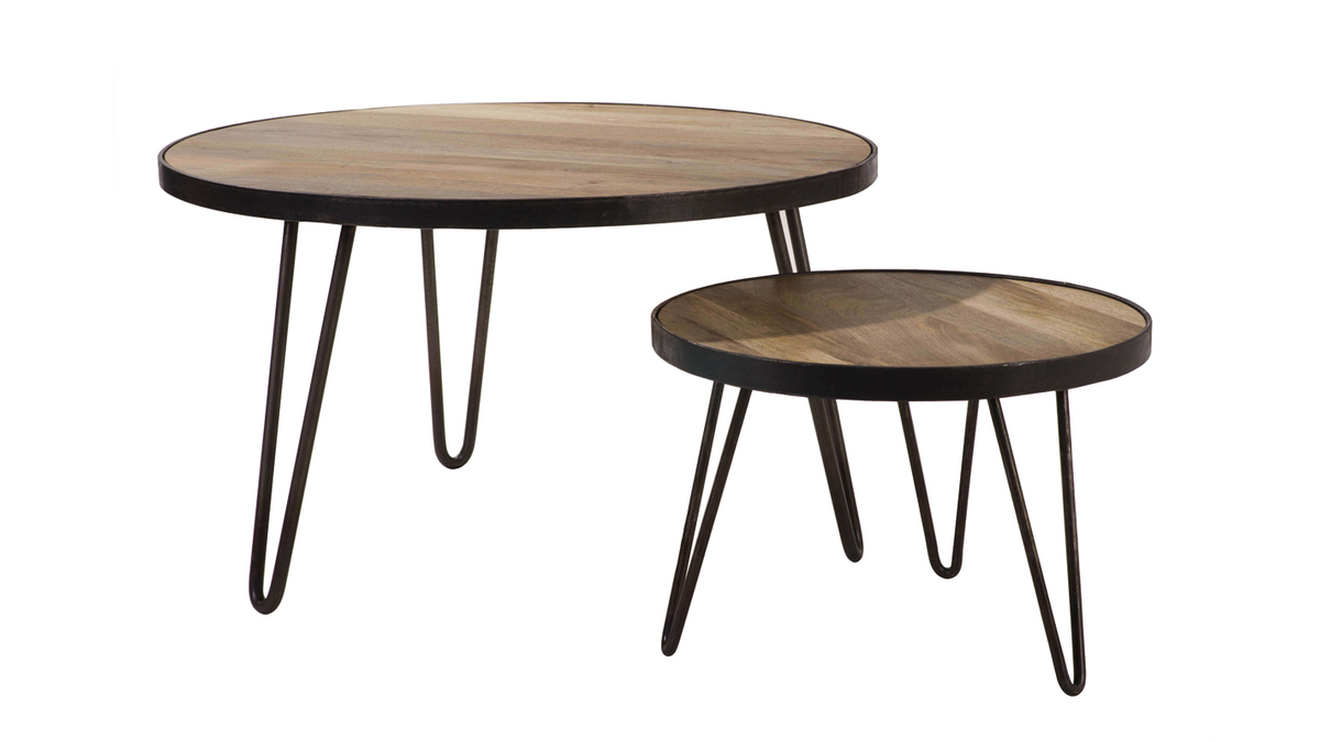 Table basse ronde industrielle bois manguier massif et métal noir D50 cm ATELIER
