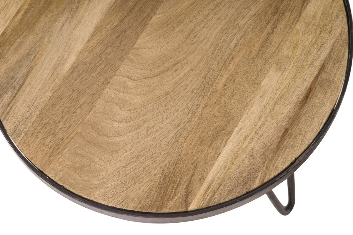 Table basse ronde industrielle bois manguier massif et m�tal noir D50 cm ATELIER