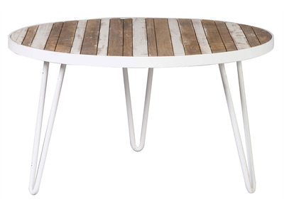 Table basse ronde manguier massif et m&eacute;tal blanc L80 x H45 cm ROCHELLE
