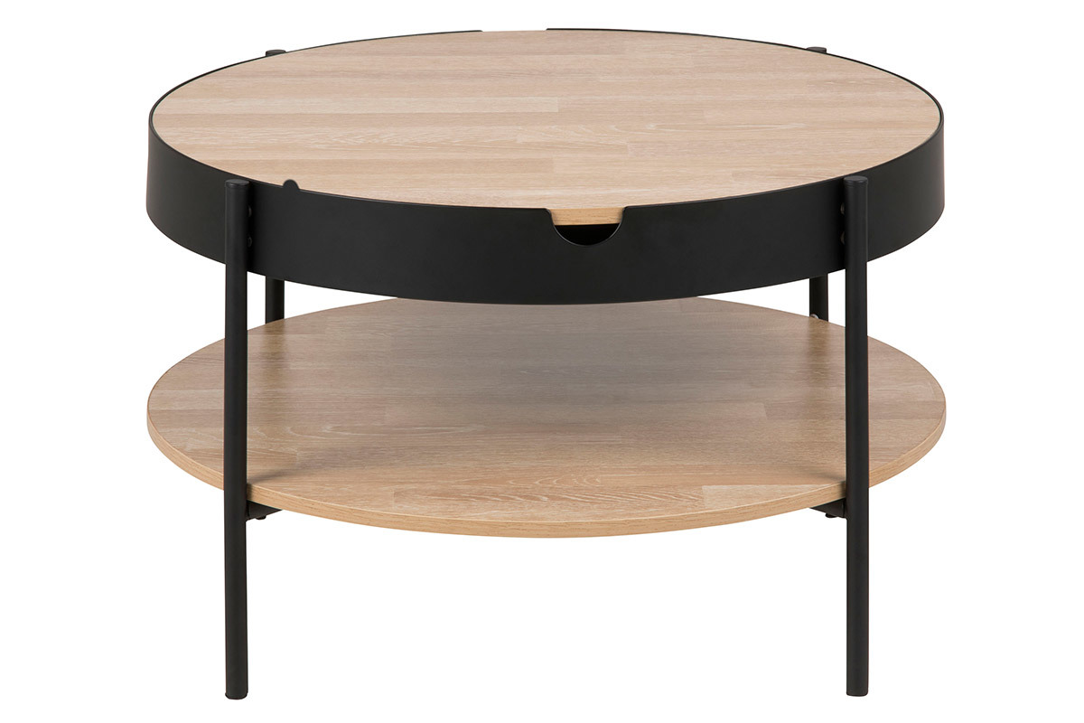 Table basse ronde placage bois et m�tal noir D75 cm SUZIE