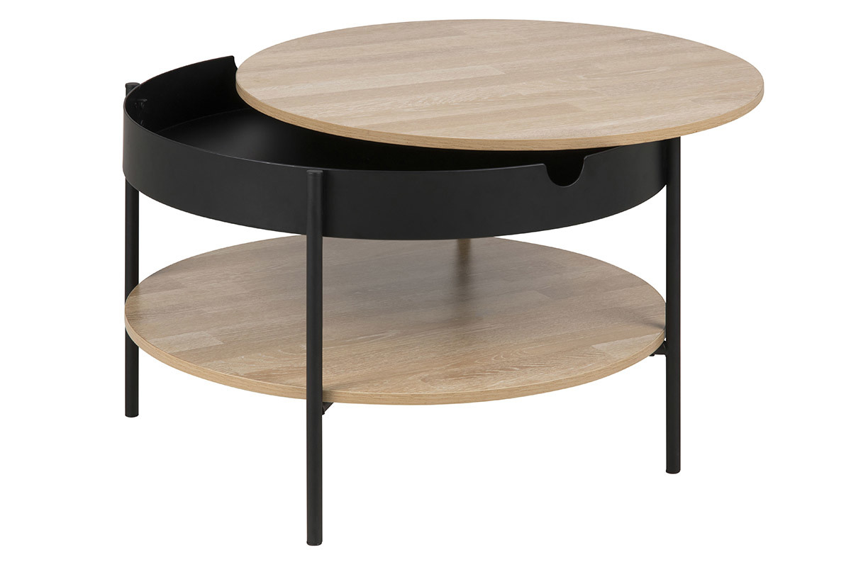 Table basse ronde placage bois et m�tal noir D75 cm SUZIE