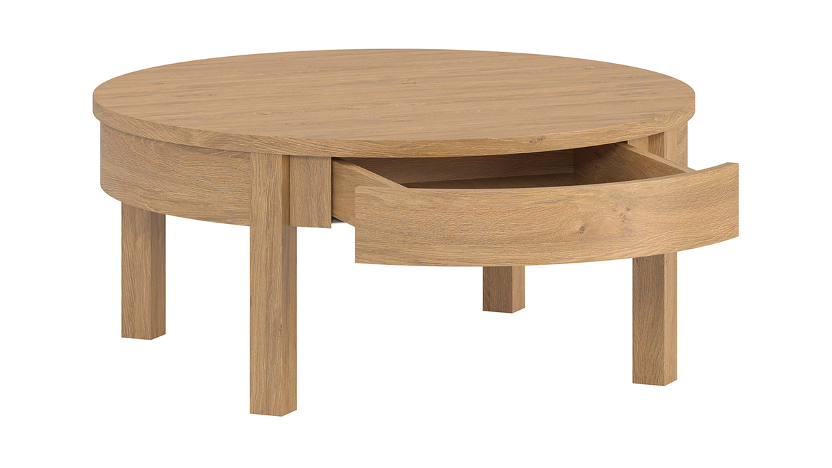 Table basse ronde scandinave avec rangement bois clair finition chne D80 cm EOLE