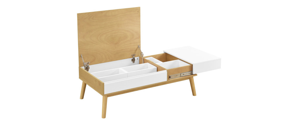 Table basse scandinave bois clair et blanc avec rangement TALIA