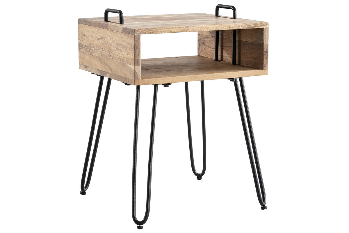 Table d'appoint avec rangement en acacia massif et mtal noir ALVIN