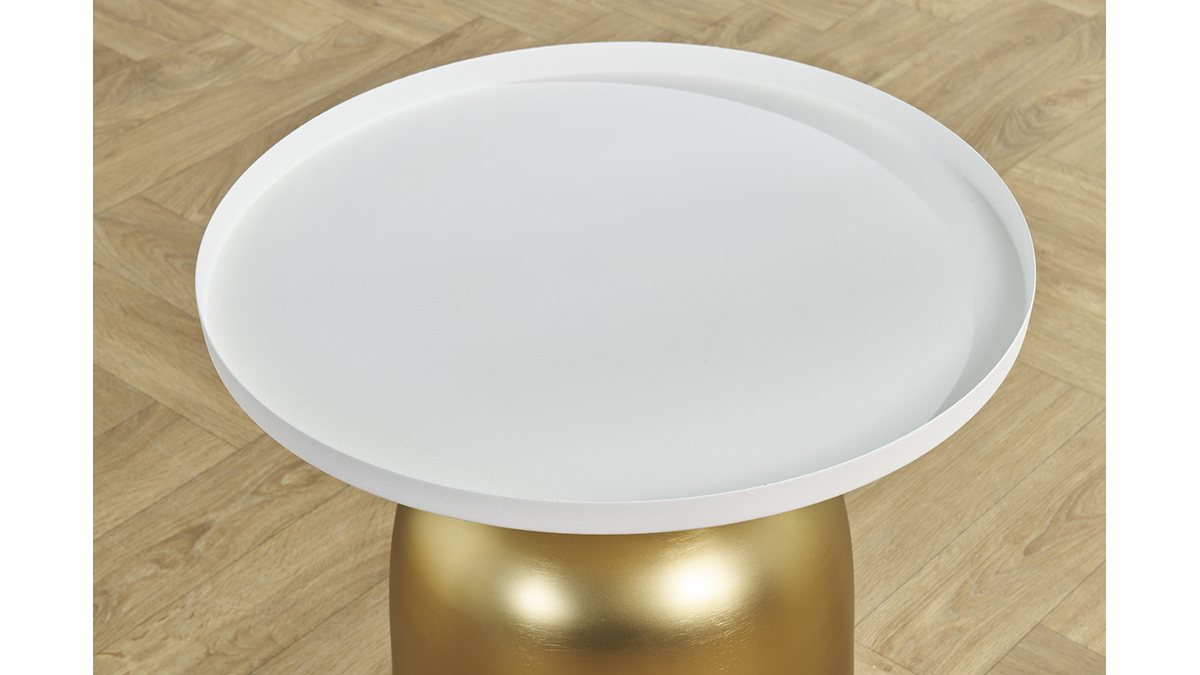 Table d'appoint design ronde en mtal dor et plateau blanc mat RAMSES