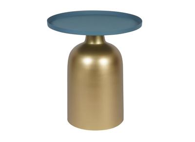 Table d'appoint design ronde en métal doré et plateau bleu pétrole mat RAMSES