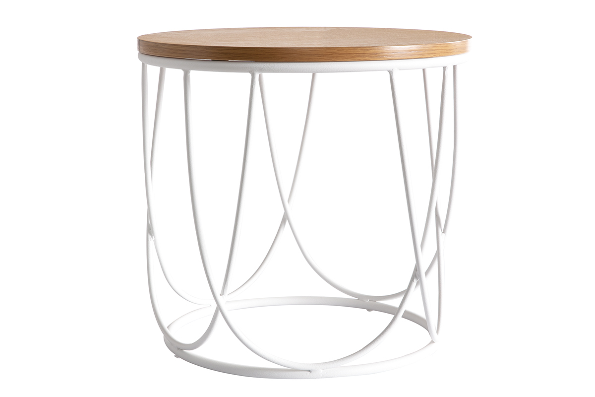 Table d'appoint ronde bois clair ch�ne et m�tal blanc LACE