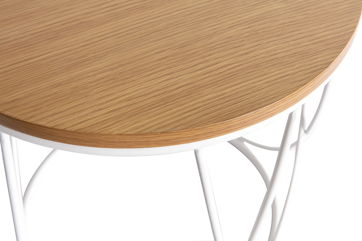 Table d'appoint ronde bois clair ch�ne et m�tal blanc LACE