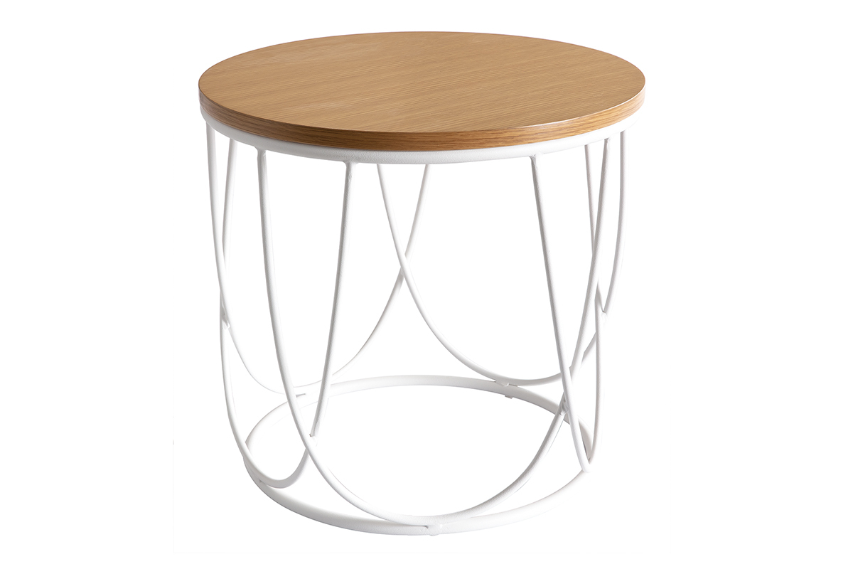 Table d'appoint ronde bois clair ch�ne et m�tal blanc LACE