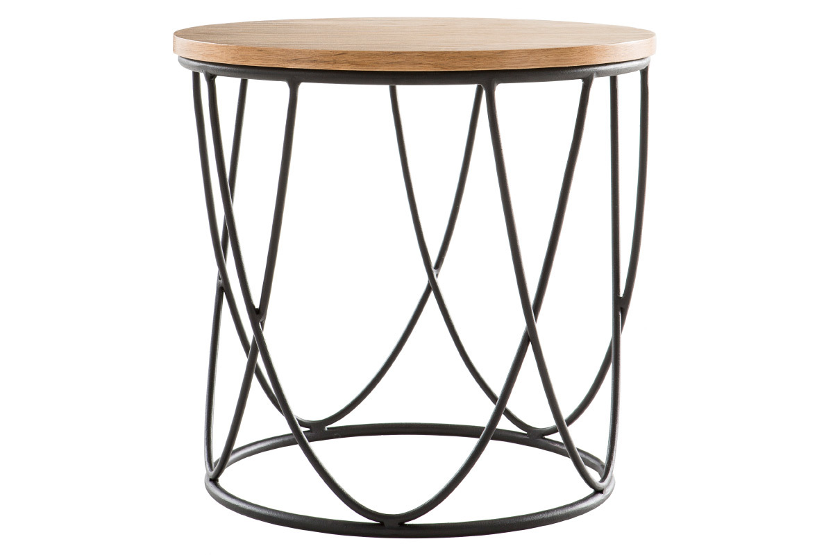 Table d'appoint ronde bois clair ch�ne et m�tal noir LACE