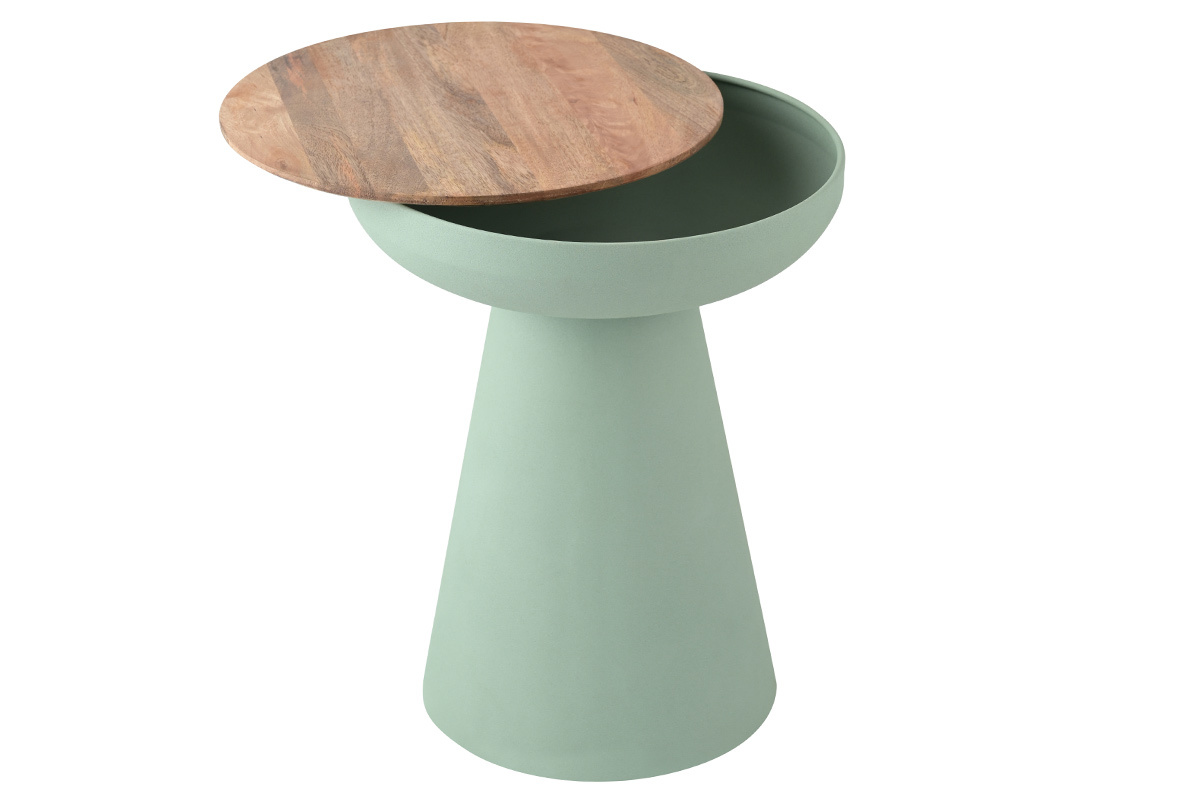 Table d'appoint ronde design avec rangement en mtal vert cladon et bois manguier massif H52 cm TAM