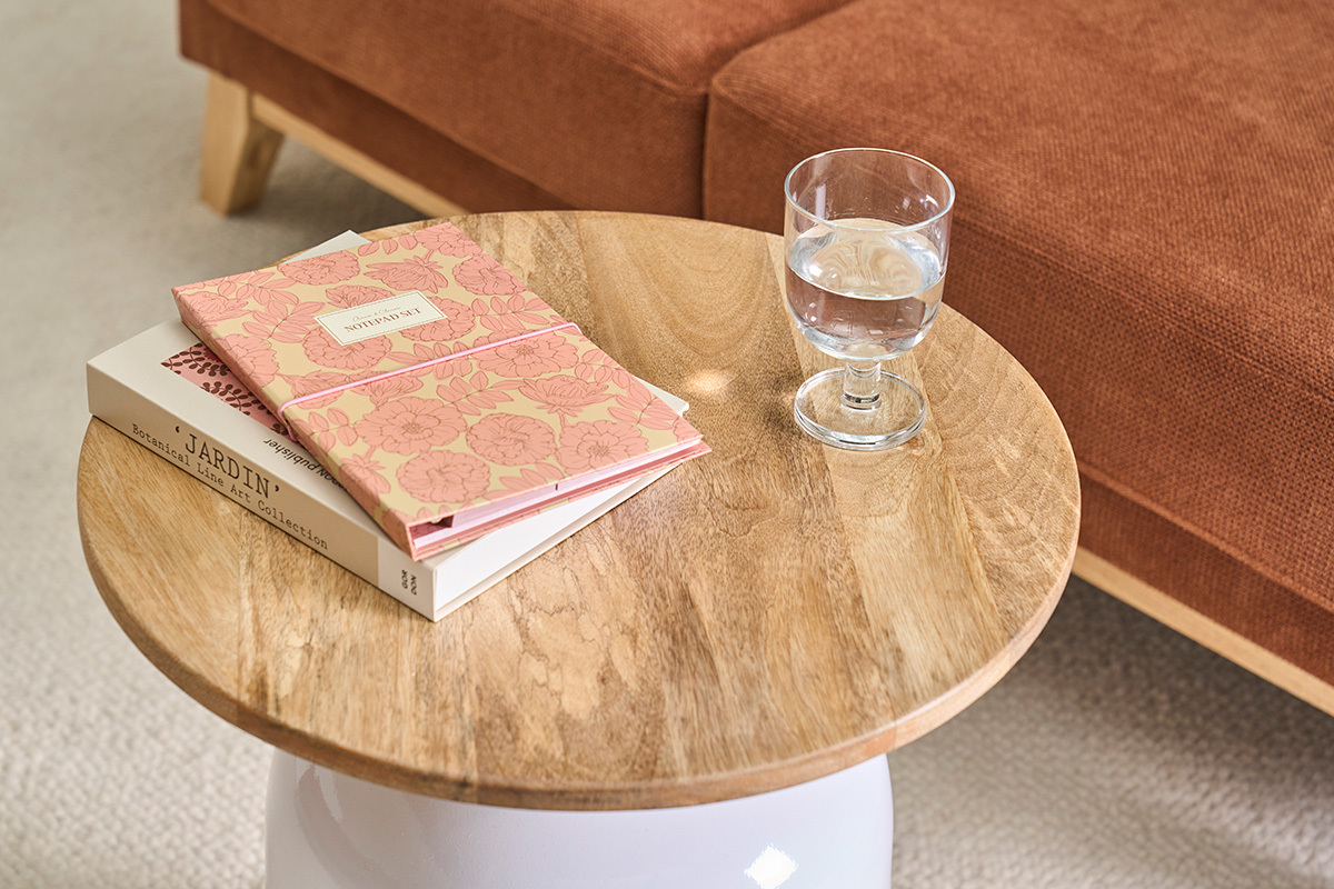 Table d'appoint ronde design blanche et bois manguier massif H49 cm VERONA