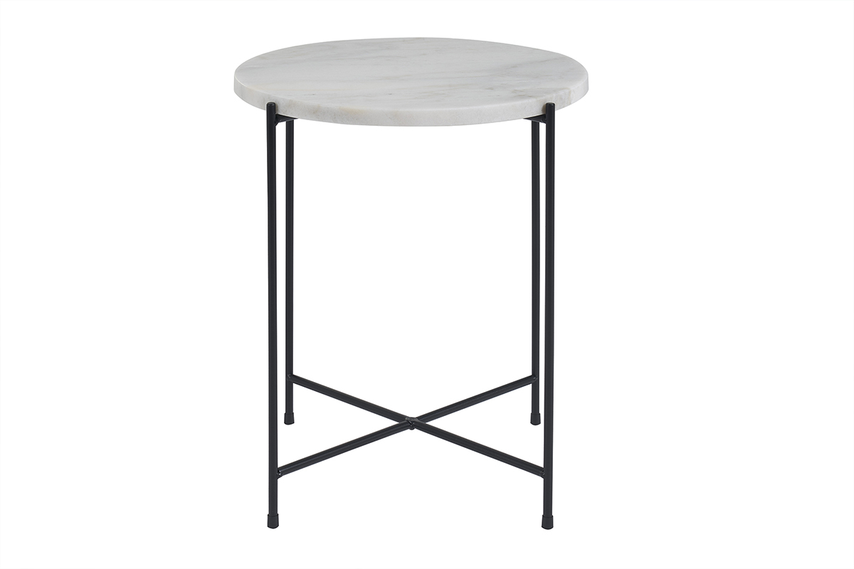 Table d'appoint ronde design en marbre blanc et mtal noir D42 cm SARDA