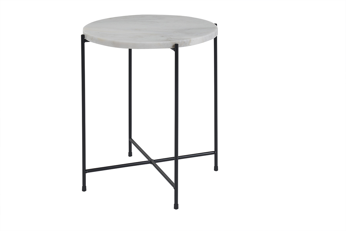 Table d'appoint ronde design en marbre blanc et mtal noir D42 cm SARDA