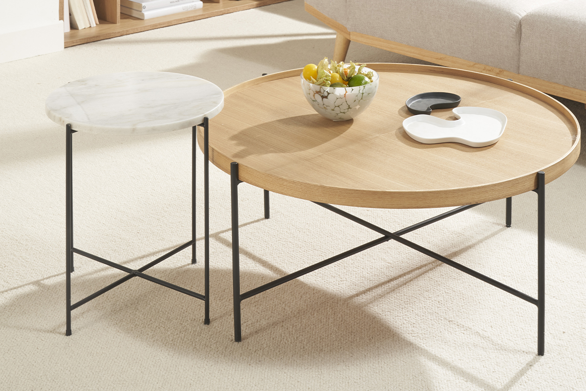 Table d'appoint ronde design en marbre blanc et mtal noir D42 cm SARDA