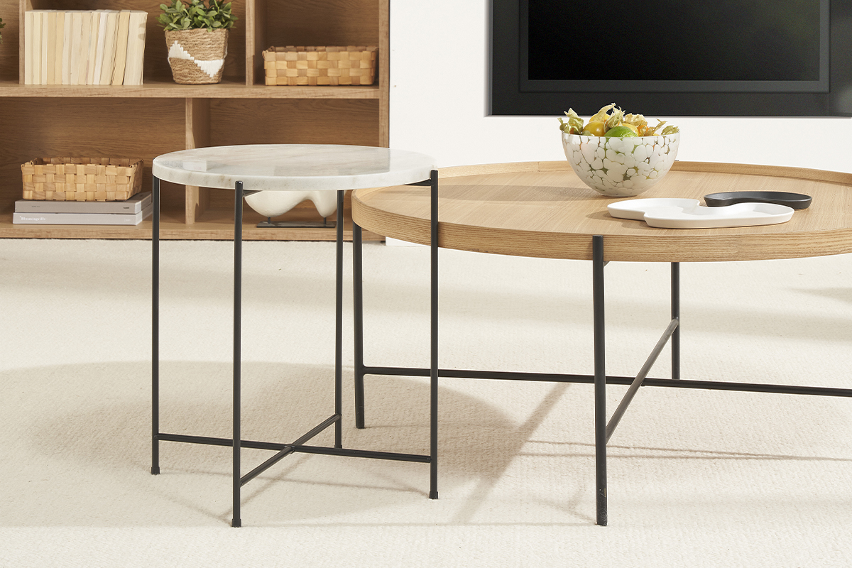 Table d'appoint ronde design en marbre blanc et mtal noir D42 cm SARDA