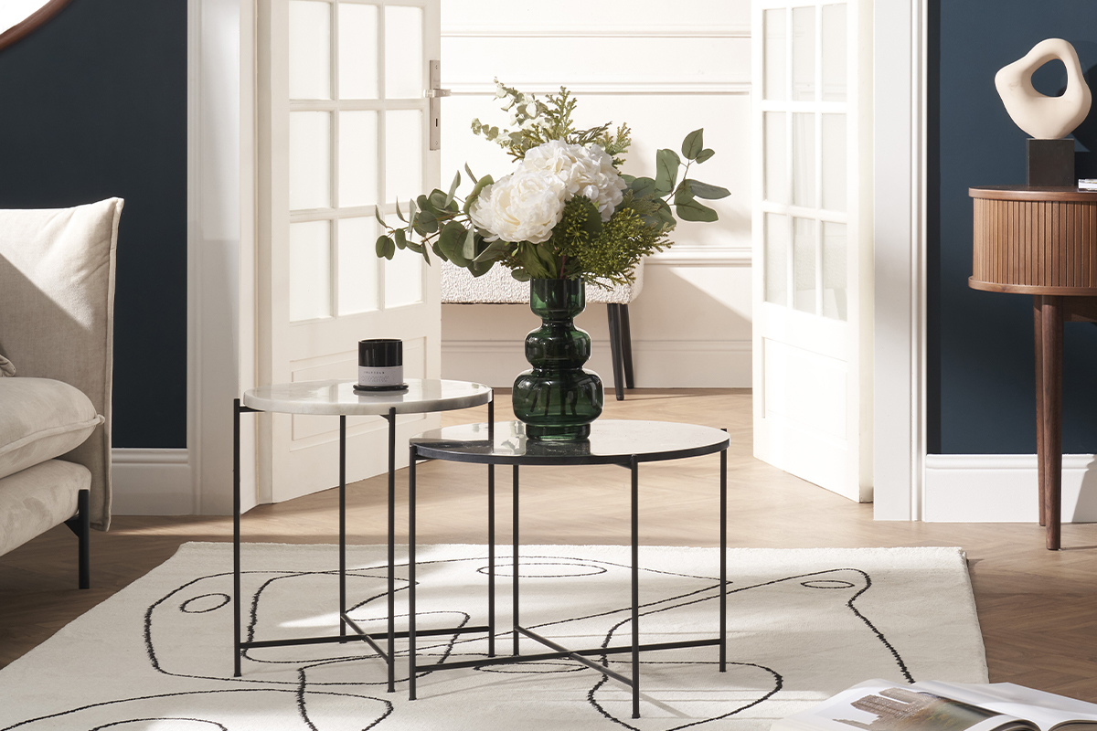 Table d'appoint ronde design en marbre blanc et mtal noir D42 cm SARDA