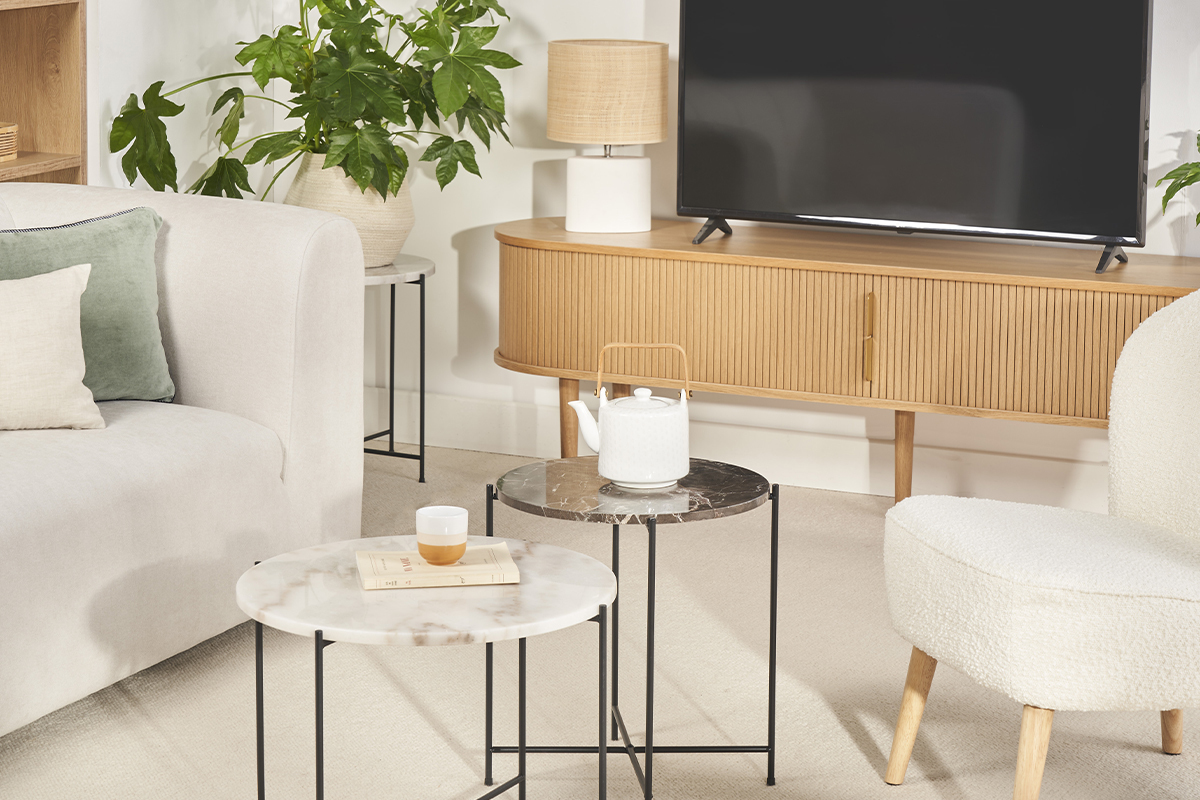 Table d'appoint ronde design en marbre marron et mtal noir D42 cm SARDA