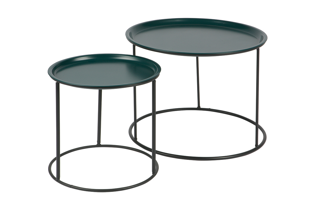 Table d'appoint ronde m�tal bleu p�trole et gris 40cm ABEL