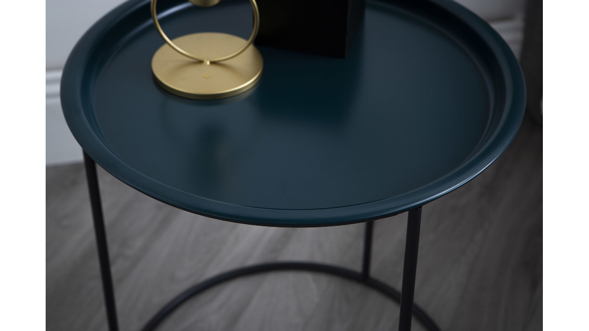 Table d'appoint ronde mtal bleu ptrole et gris 40cm ABEL