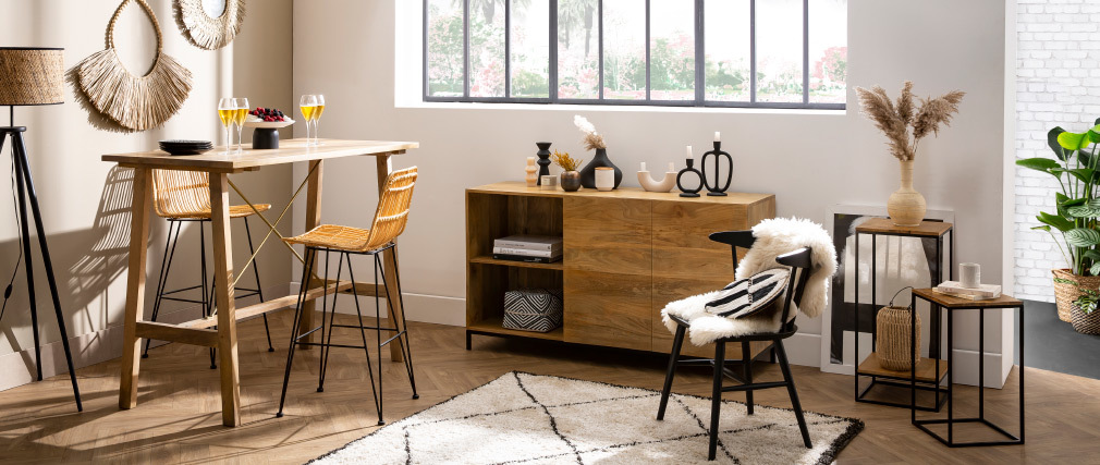 Table de bar en manguier massif et m�tal dor� L130 cm MARGHA