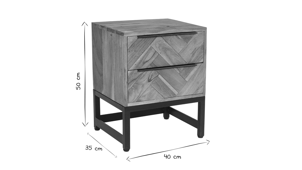Table de chevet avec rangements 2 tiroirs  motifs chevrons en bois massif et mtal noir STICK