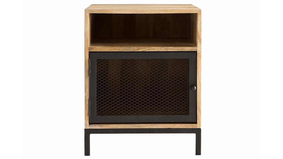 Table de chevet avec rangements industriel bois clair manguier massif et mtal perfor L43 cm RACK