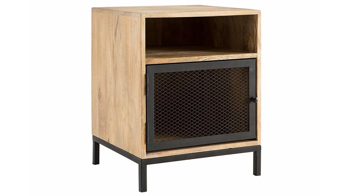 Table de chevet avec rangements industriel bois clair manguier massif et mtal perfor L43 cm RACK