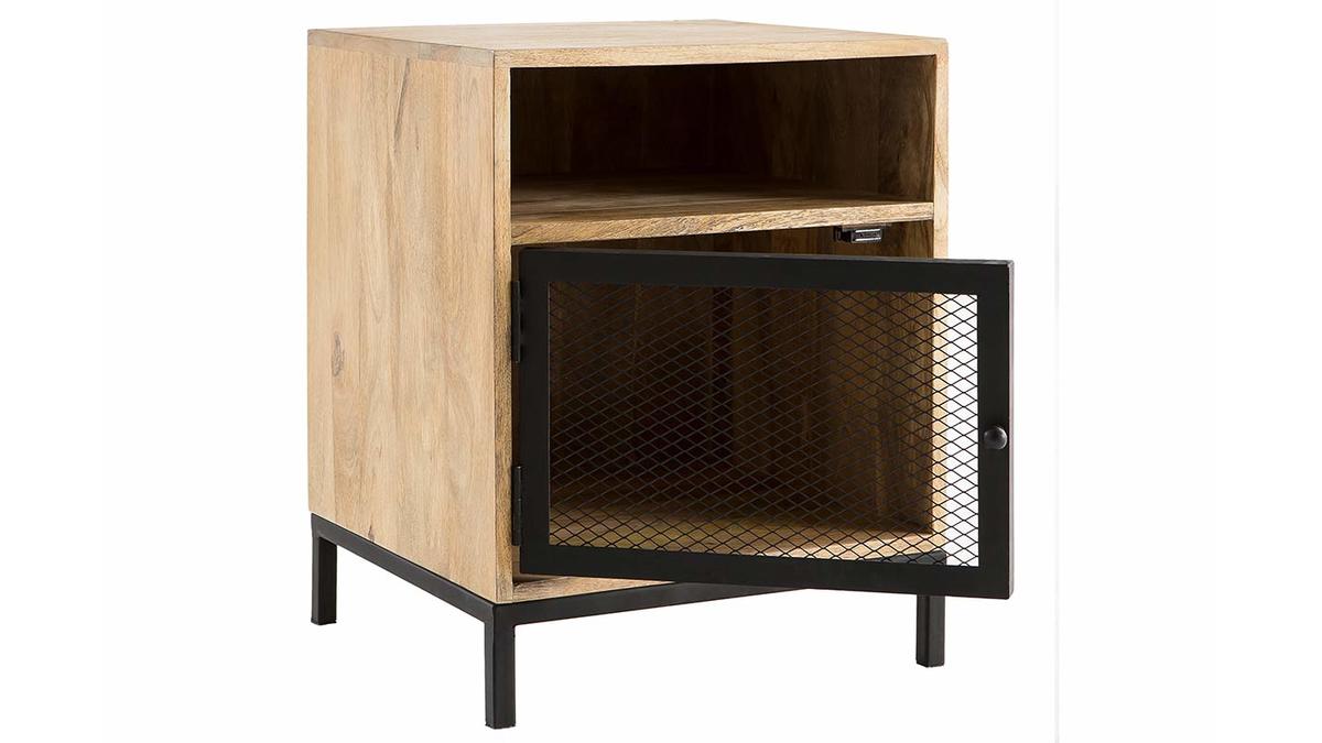 Table de chevet avec rangements industriel bois clair manguier massif et mtal perfor L43 cm RACK